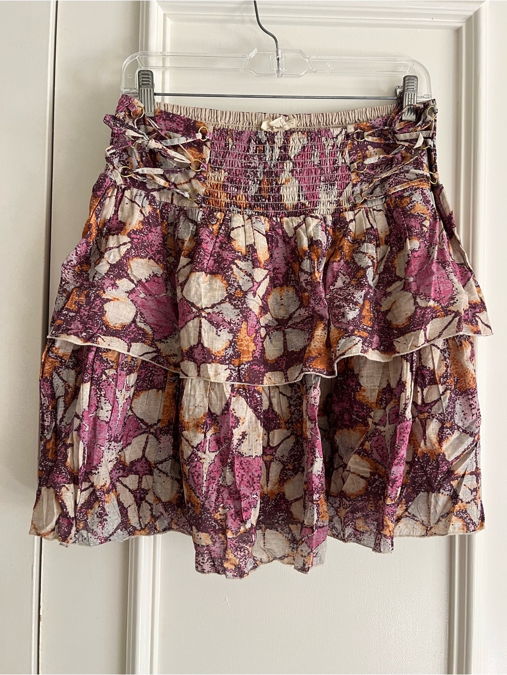 Boho Tiered Mini Skirt in Pink, purple, orange & Cream Floral
